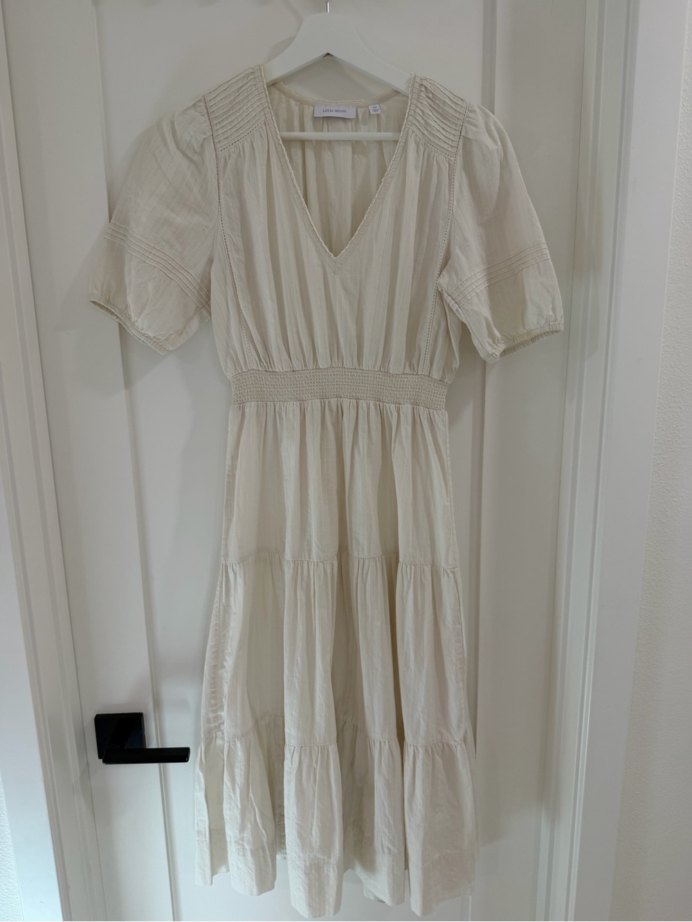 Little Moon Cream V-Neck Smocked Midi Dress